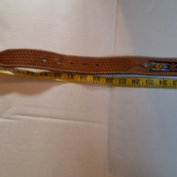 Hand Tooled Beaded Leather Belt with Brass Buckle M main image 9